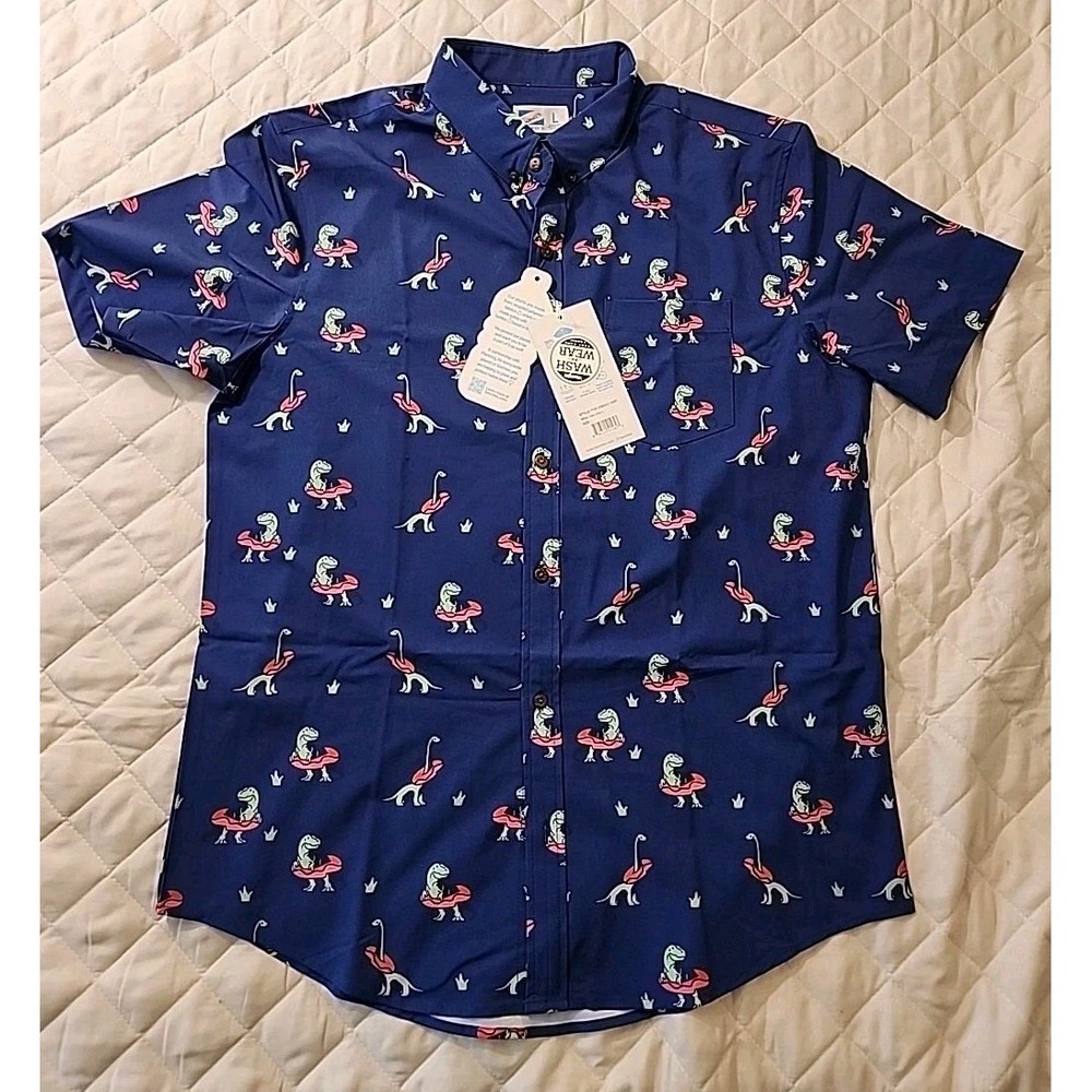 Bermies Performance Stretch Button Up Shirt‎ Sz Large Blue Dinos In Floaties NWT